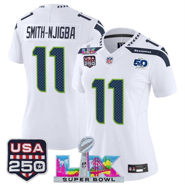 Women's Seattle Seahawks #11 Jaxon Smith-Njigba White 2025 F.U.S.E. Super Bowl LX Patch And 50th Season & USA 250' Patch Vapor Limited Football Stitched Jersey(Run Small)